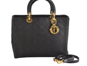 Auth Christian Dior Lady Dior Cannage Nylon Leather 2Way Hand Bag Black CD 3606M - Picture 1 of 10