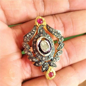 Rose Cut Polki Diamond Ring, 925 Silver Ruby Gemstone Victorian Women's Ring - Picture 1 of 9