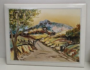 Handpainted Landscape Terracotta Tile 25cm x 20cm Made in Italy Signed S Deitz - Picture 1 of 4