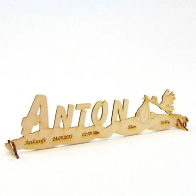 Geschenk zur Geburt zur Taufe, Storch stehend aus Holz Personalisiert Gravur - Bild 1 von 4
