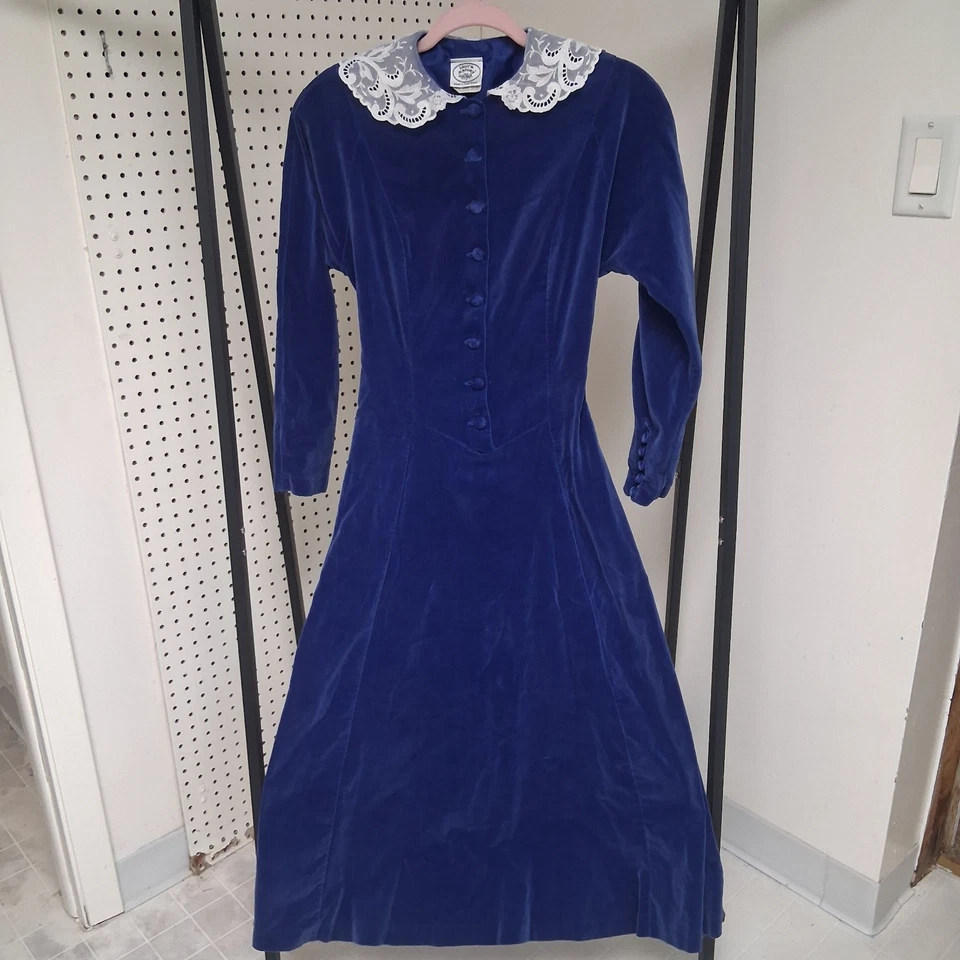 Vintage 1970s Laura Ashley Blue Velvet Lace Collar Dress Victorian Retro Rare 10 - Image 1 of 4