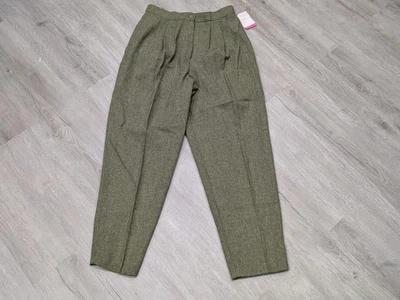 Винтажные женские брюки из шерстяной смеси 13 высокая талия зеленые плиссированные сужающиеся США 80-е - Изображение 1 из 4