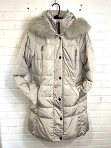 1 Madison Luxe capospalla donna M cappuccio pelliccia sintetica maxi cappotto parka piumino grigio - Foto 1 di 12
