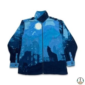 Vintage Mountain Ridge Wolf Fleece Herren Large blau Winter durchgehender Reißverschluss AOP Tier Jacke - Bild 1 von 6