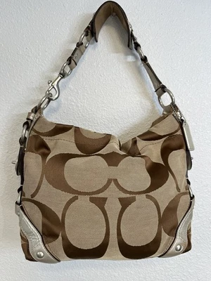 Coach Purse Tan Canvas Signature C Bronze Leather Carly Hobo Shoulder Bag 10619 - Image 1 of 4