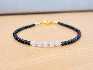 Moonstone & Black Spinel 3-5MM 2 Faceted Rondelle Gemstone Beaded Bracelets 6-8" - Picture 1 of 10