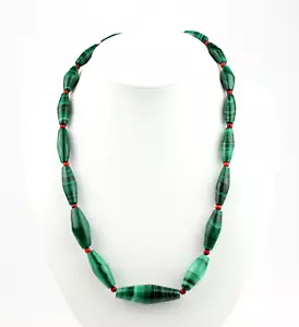 Gorgeous Malachite Chain with Coral Special Shape Green Red Necklace Ca. 58 CM - Picture 1 of 6