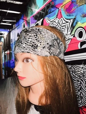 Beautiful Black And Gray Snakeskin Pattern & Rhinestone Stretch Headband, - Image 1 of 3