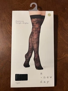 a new day Womens Black Dainty Floral Mesh Thigh Highs - Size M / L - Picture 1 of 2