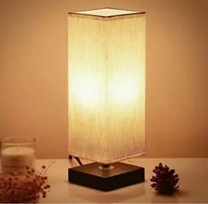 Small Bedside Table Lamp, Minimalist Solid Wood Bedroom Lamp with Square Fabric  - Picture 1 of 5