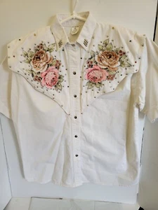 Unbranded Women's M Western Style Cotton Twill Embellished Rose Applique S/S - Picture 1 of 9