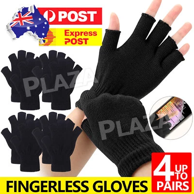 Black Fingerless Gloves Knitted Winter Warm Half Open Finger Soft Mittens Unisex - image 1 of 4