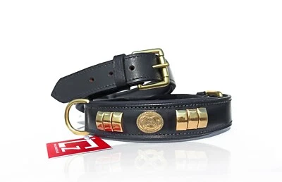 ZAIN TACK LEATHER DESIGNER DOG COLLAR, BRASS STUDDED WITH DOG MOTIFF IN 6 COLOURS