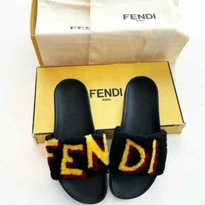 Fendi Black Shearling Vocabulary Pool Slides MENS 7 women 10 - Picture 1 of 11