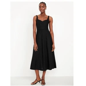 NWT Old Navy Size S Fit & Flare Linen-Blend Midi Dress Black Sleeveless - Picture 1 of 5