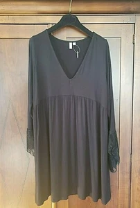 ASOS Neu Gr.12 V-Ausschnitt Strick schwarz geriffelt Spitzenärmel Babydoll Kleid mit Etikett - Bild 1 von 7