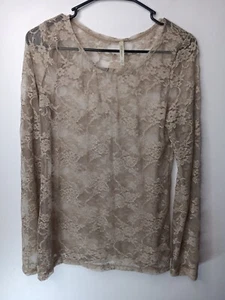 Sexy Top DNA Couture Para Mujer Crema Desnudo Encaje Transparente Floral Manga Larga Grande - Imagen 1 de 8