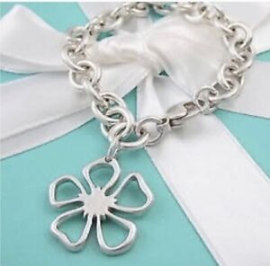 Auth Tiffany & Co Silver Flower Hibiscus Charm Pendant Bracelet 7.5"
