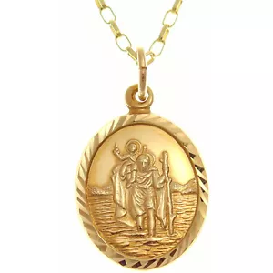 Halskette 9 kt Gold Christophorus Anhänger mit 18" Kette und Schmuck Geschenkbox - Bild 1 von 5