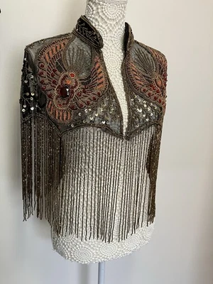 Vintage Free People Cape S M Black Phoenix Beaded Tassel Fringe Glam Art Deco - Image 1 of 4