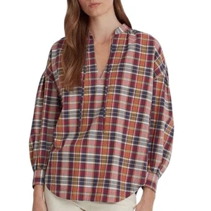 Lauren Ralph Lauren Cotton Madras Tie-Neck Blouse New Size Medium - Picture 1 of 10