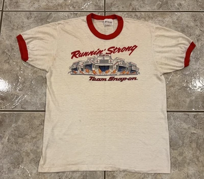 Camisa De Colección Años 80 Equipo Herramientas a Presión EE. UU. Blanca Adulto Grande Correr Fuerte Papel Delgada Foto 1 de 4