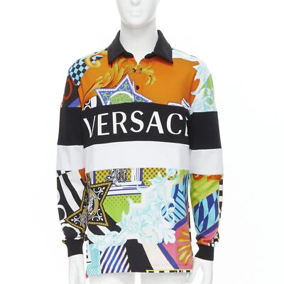 VERSACE 2020 Runway Pop Temple Box logo patchwork polo shirt top L - Image 1 of 4