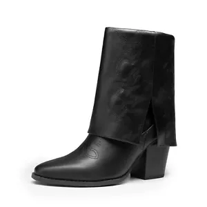 Women Fashion Western Cowboy Booties Chunky Block Heel Pull On Mid Calf Boots - Picture 1 of 24