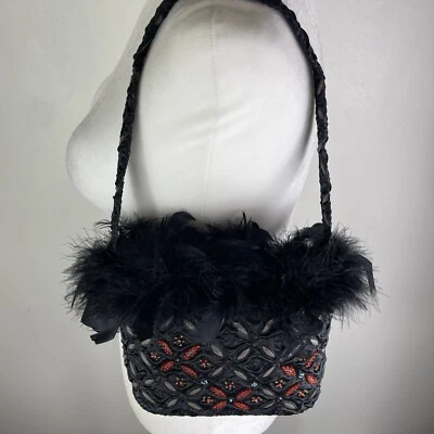 Whimsigoth Purse Black With Feathers And Beaded Dainty Fairycore Artsy Boho - Image 1 of 4