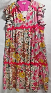 Umgee USA Dress L Floral Ruffle Sleeve Boho Tiered Midi Pink Yellow Ric Rac NWT - Picture 1 of 12