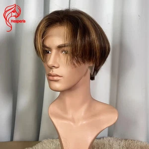 Brown With Blonde Highlight Male Bob Wig Human Hair 13x6 Lace Front Wig For Men - Picture 1 of 9