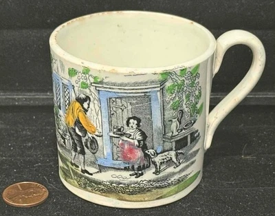 Taza antigua para niños de transferencia de colores Staffordshire, PET DOG, c. 1840 Foto 1 de 4