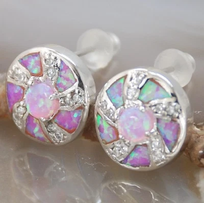 Aretes redondos de plata hechos a mano con piedras preciosas de ópalo de fuego púrpura E56 Foto 1 de 4