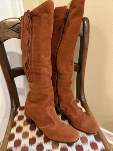 1970’s Reflections Brown Suede High Boots With Lattice Design Sz 8D - Picture 1 of 9