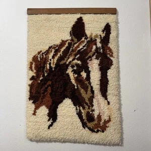 Latch Hook Rug Tapestry Horse Wall Hanging Vintage Hand Made Mid Century Modern - Picture 1 of 7