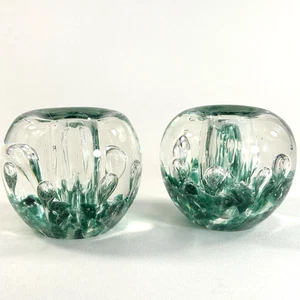 Par de 2 candelabros cónicos de burbujas elegantes soplados de vidrio artístico azul verde 4 pulgadas - Imagen 1 de 11