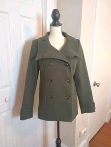 H&M Pea Coat Women’s Deep Green Size 10 Button Mock Neck Double Breasted - Picture 1 of 13
