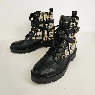 GUESS Black Tweed Chain Combat Lace Up Ankle Boots Women's Size 7.5M - Image 1 of 4