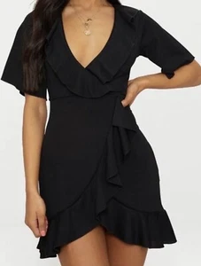 Ex Pretty Little Thing Ladies Black Frill Wrap Style Mini Dress Sizes 6-16 - Picture 1 of 10