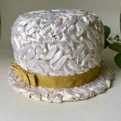 Vintage White Straw Hat Ladies Cloche Mustard Yellow Grosgrain Ribbon Union Made - Image 1 of 4