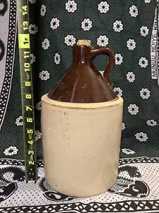 LARGE ANTIQUE CERAMIC WHISKEY MOONSHINE JUG CROCK STONEWARE TWO TONE BROWN - Picture 1 of 3