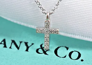 Tiffany & Co Diamond 18K White Gold Mini Metro Cross Pendant 17" Necklace Boxed - Picture 1 of 10