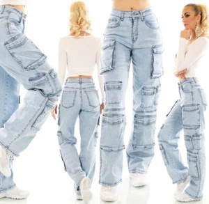 Hippe High Waist Cargo Jeans Mom Fit lässige Schnittform Damern Neu 34-42 blau - Bild 1 von 1