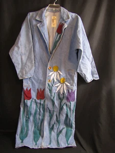 VINTAGE DANA ANN HAND PAINTED WOMEN'S DENIM LONG JACKET COAT FLORAL DESIGN - Picture 1 of 20