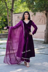 Winter Wear Velvet Fabric Anarkali Kurta With Palazzo And Dupatta Set, Anarkali - Picture 1 of 7