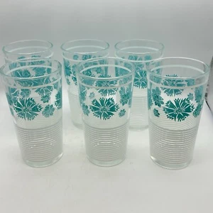 Vtg Set of 6 MCM Turquoise Floral White Pinstripe Highball Drinking Glasses - Picture 1 of 10