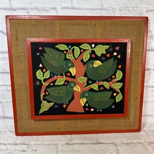 Vtg Mola Kuna Framed Bird Family in Tree Handcrafted Framed Textile Art - Picture 1 of 9