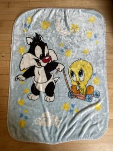 Vintage Baby Looney Tunes Sylvester Tweety Bird 1999 Plush Blanket 42 X 30 Blue - Picture 1 of 8