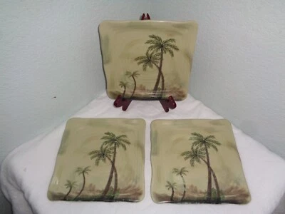 3pc TABLETOPS 8.25" Melamine Square Salad Plates Tropical Palm Trees - Image 1 of 2