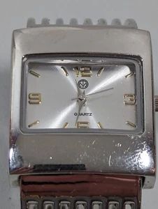 Silver Tone Dial Rectangle Case Hinge Open Cuff Cut Out Bangle Band Watch - Picture 1 of 7